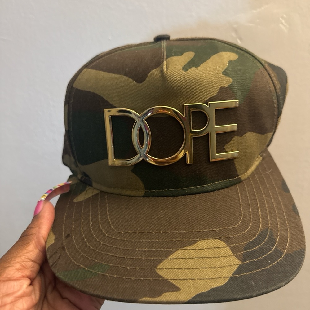 Camo Snapback Hat with Gold DOPE Logo